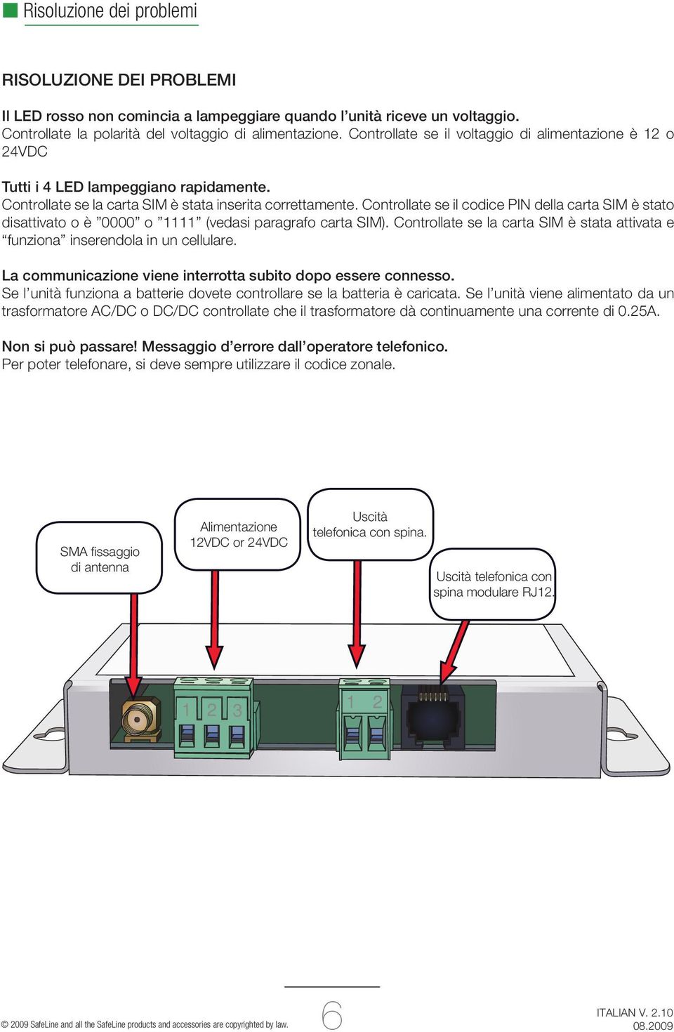 Controllate se il codice PIN della carta SIM è stato disattivato o è 0000 o 1111 (vedasi paragrafo carta SIM). Controllate se la carta SIM è stata attivata e funziona inserendola in un cellulare.