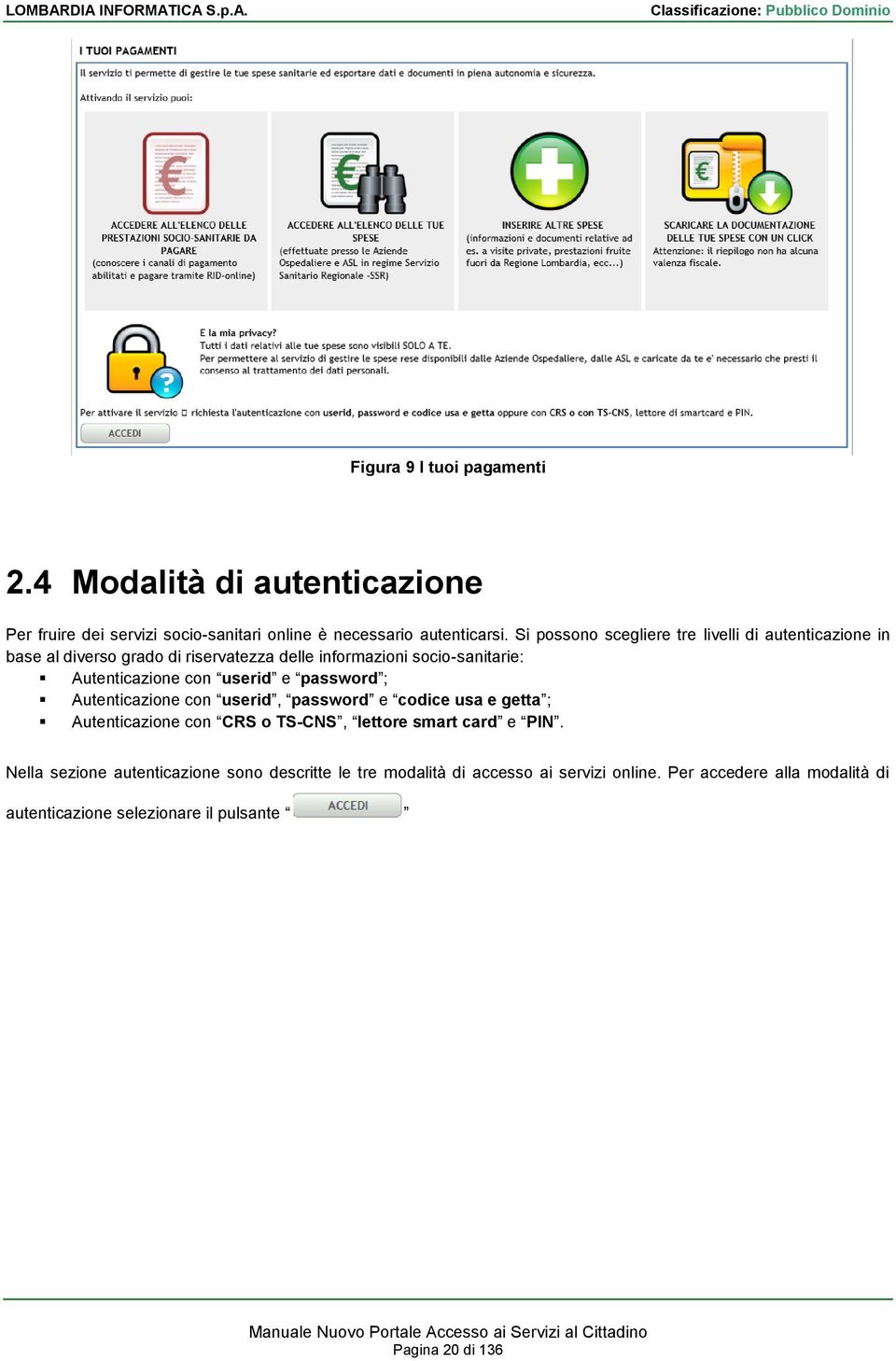 userid e password ; Autenticazione con userid, password e codice usa e getta ; Autenticazione con CRS o TS-CNS, lettore smart card e PIN.