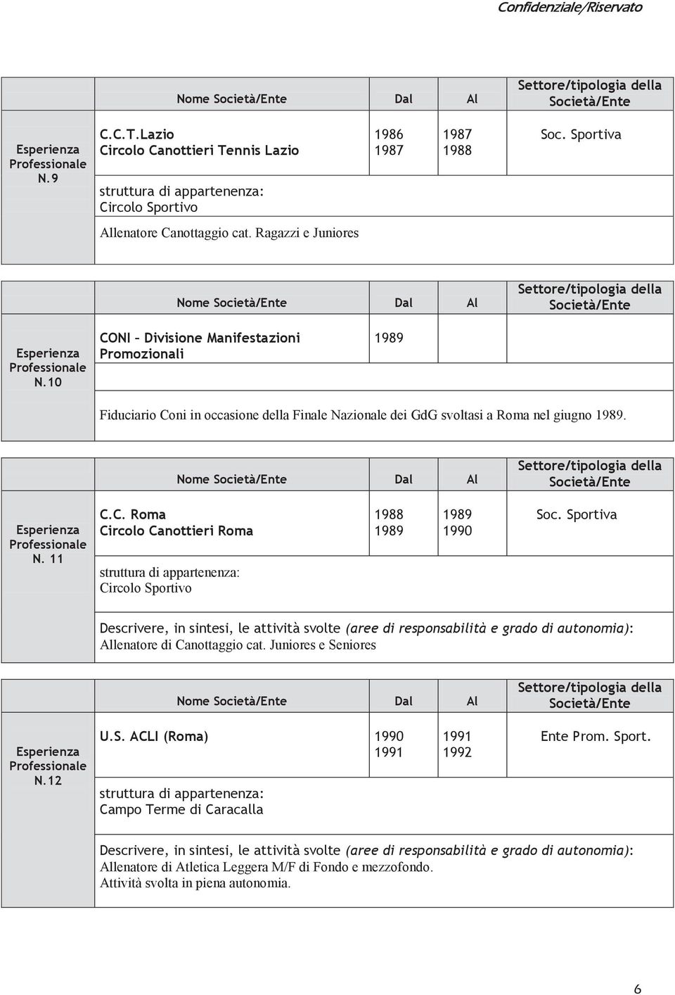 Sportiva Descrivere, in sintesi, le attività svolte (aree di responsabilità e grado di autonomia): Allenatore di Canottaggio cat. Juniores e Seniores N.12 U.S. ACLI (Roma) 1990 1991 Campo Terme di Caracalla 1991 1992 Ente Prom.