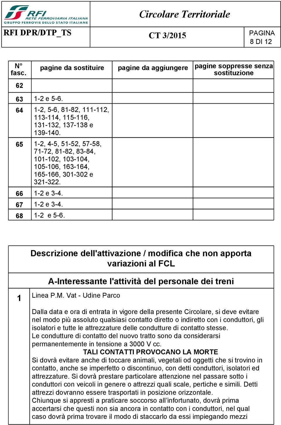 1-2 e 3-4. 1-2 e 5-6. pagine soppresse senza sostituzione Descrizione dell'attivazione / modifica che non apporta variazioni al FCL A-Interessante l'attività del personale dei treni 1 Linea P.M.