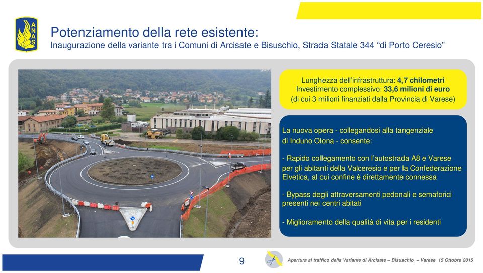 alla tangenziale di Induno Olona - consente: - Rapido collegamento con l autostrada A8 e Varese per gli abitanti della Valceresio e per la Confederazione Elvetica,