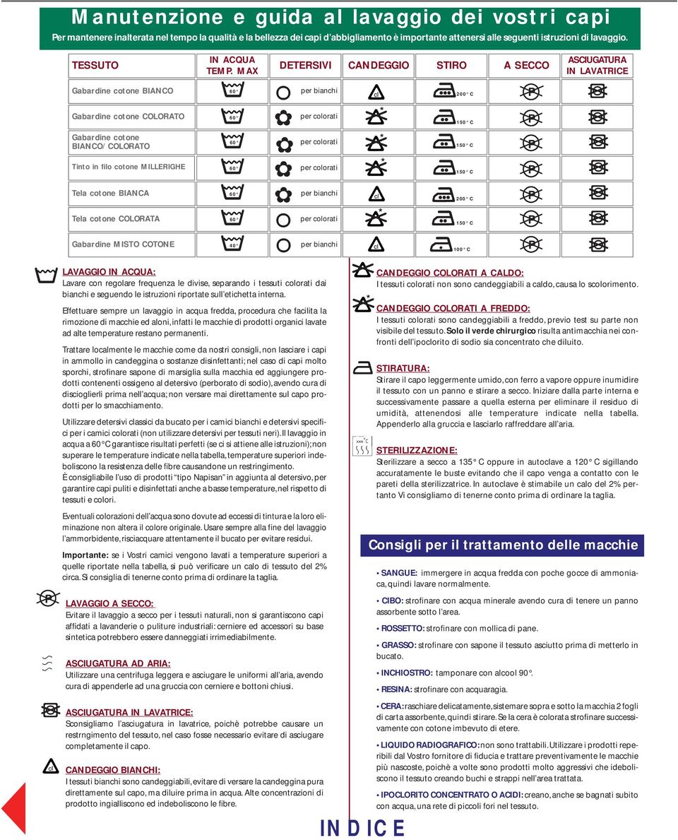 MAX DETERSIVI CANDEGGIO STIRO A SECCO ASCIUGATURA IN LAVATRICE Gabardine cotone BIANCO 60 per bianchi 200 C P Gabardine cotone COLORATO 60 per colorati * 150 C P Gabardine cotone BIANCO/COLORATO