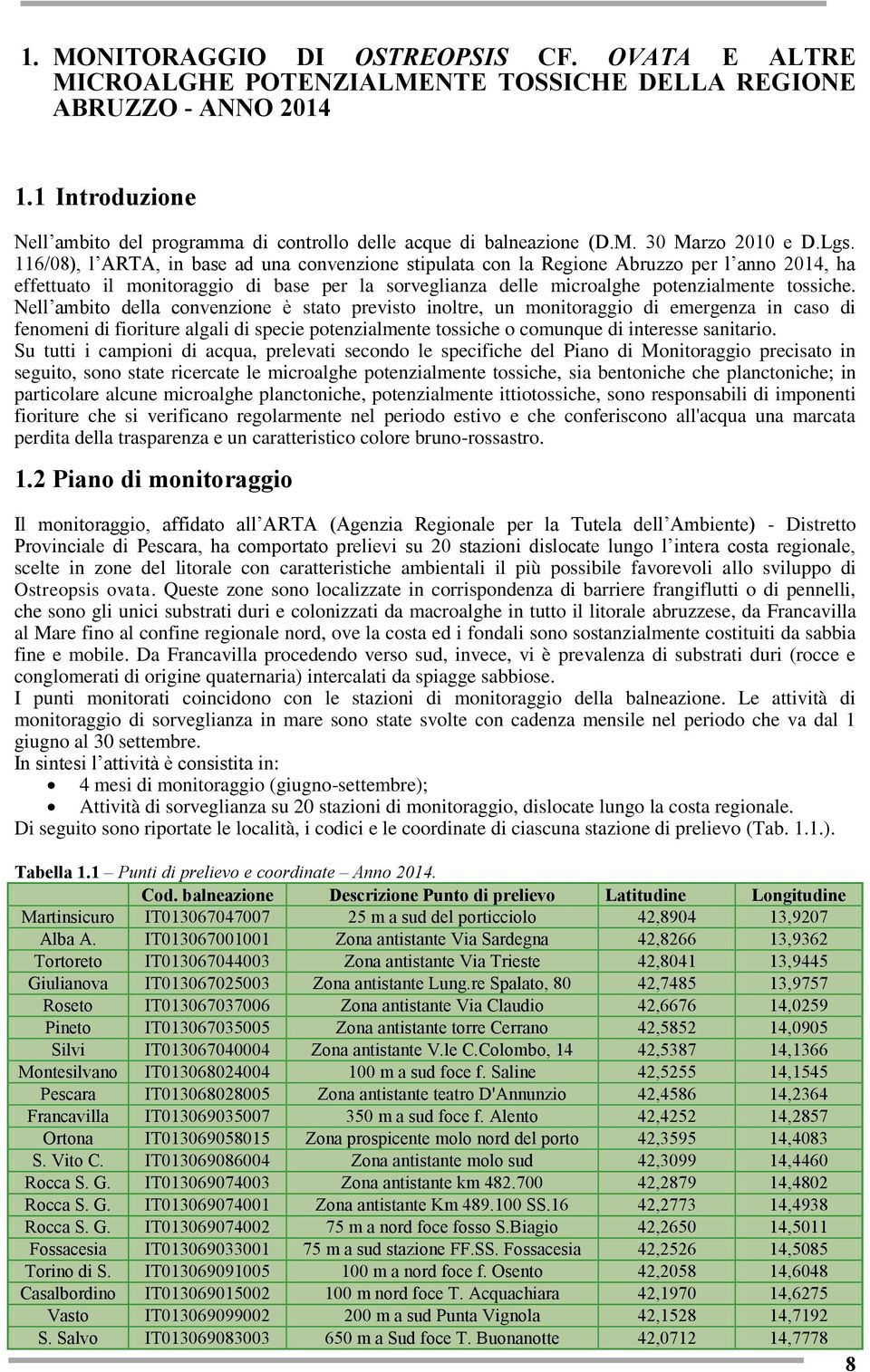 116/08), l ARTA, in base ad una convenzione stipulata con la Regione Abruzzo per l anno 2014, ha effettuato il monitoraggio di base per la sorveglianza delle microalghe potenzialmente tossiche.