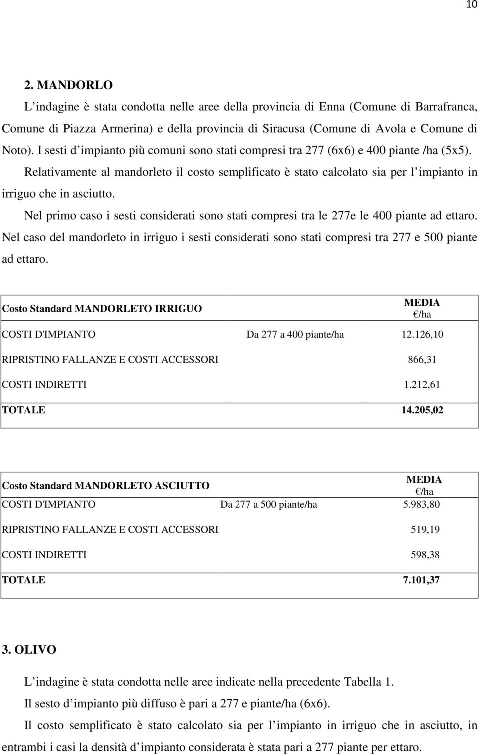 Relativamente al mandorleto il costo semplificato è stato calcolato sia per l impianto in irriguo che in asciutto.