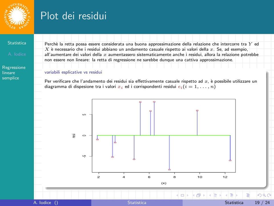 Se, ad esempio, all aumentare dei valori della x aumentassero sistematicamente anche i residui, allora la relazione potrebbe non essere non : la retta di regressione