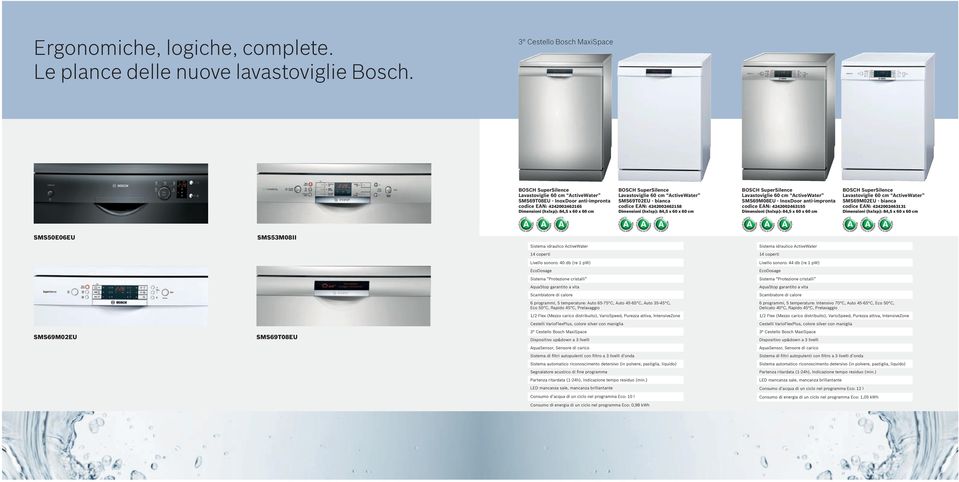 SMS69M08EU - InoxDoor anti-impronta codice EAN: 4242002463155 BOSCH SuperSilence SMS69M02EU - bianca codice EAN: 4242002463131 SMS50E06EU SMS53M08II Sistema idraulico ActiveWater Sistema idraulico