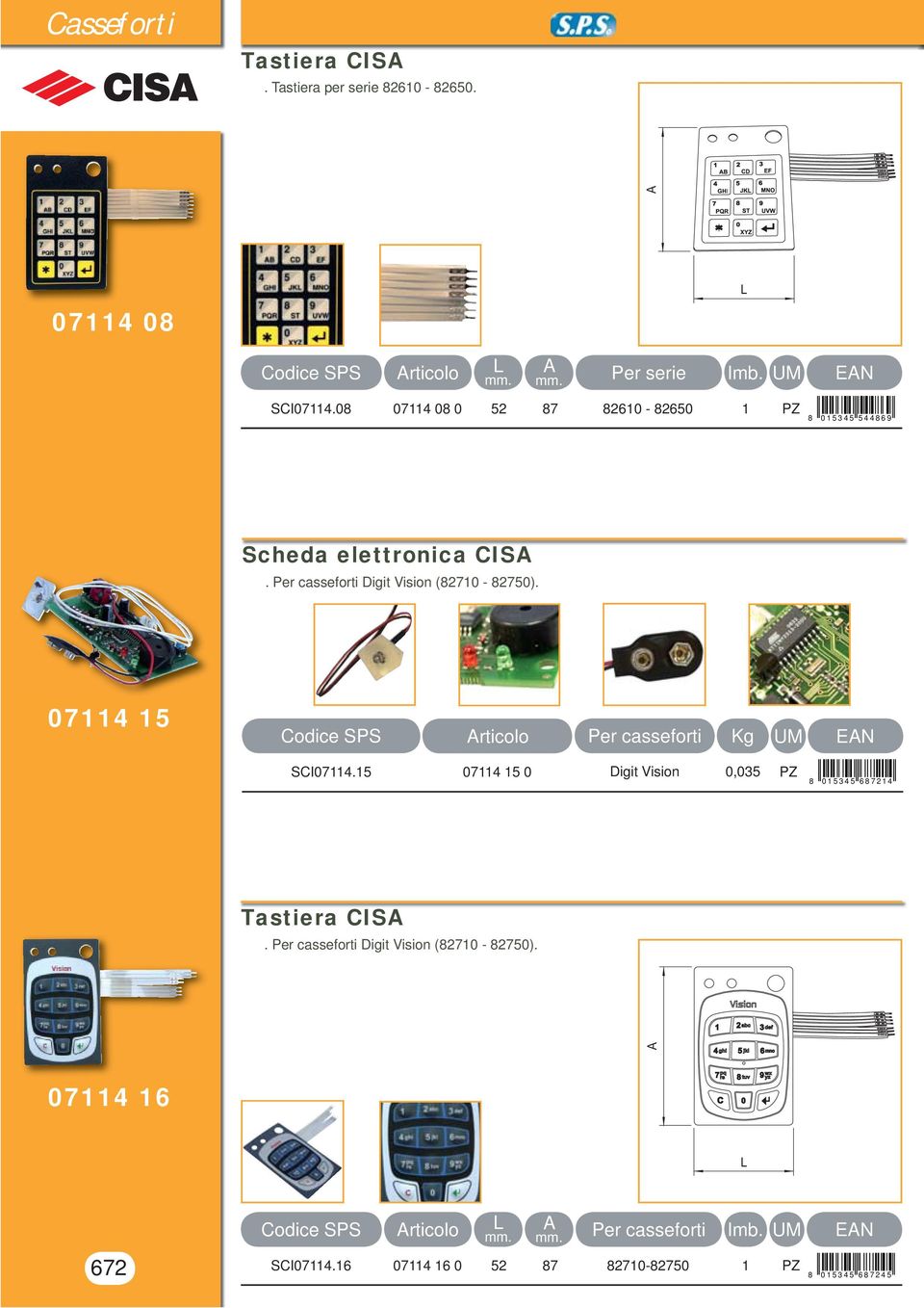 er casseforti Digit Vision (82710-82750). 07114 15 Codice SS er casseforti SCI07114.