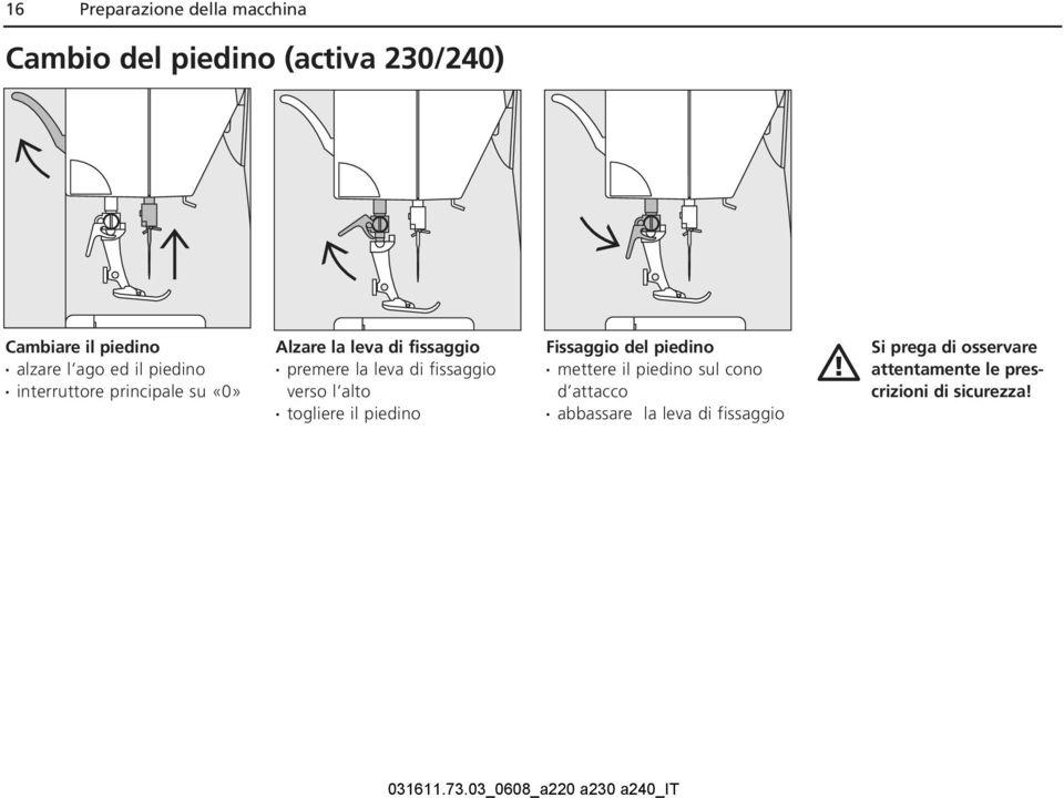 fissaggio verso l alto togliere il piedino Fissaggio del piedino mettere il piedino sul cono d