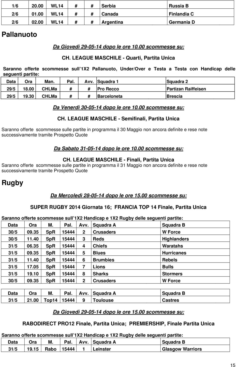 Squadra 1 Squadra 2 29/5 18.00 CHLMa # # Pro Recco Partizan Raiffeisen 29/5 19.30 CHLMa # # Barceloneta Brescia Da Venerdì 30-05-14 dopo le ore 10.00 scommesse su: CH.