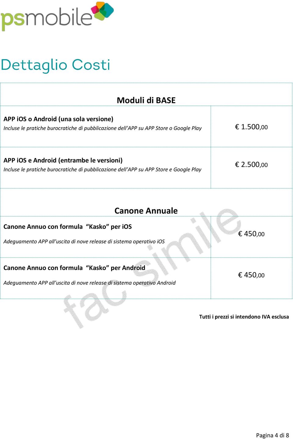 500,00 Canone Annuale Canone Annuo con formula Kasko per ios Adeguamento APP all uscita di nove release di sistema operativo ios 450,00 Canone