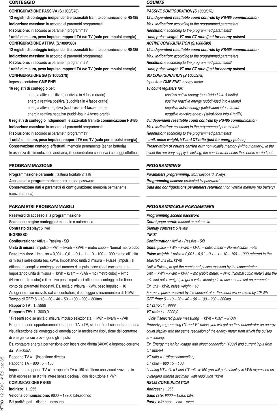 misura, peso impulso, rapporti TA e/o TV (solo per impulsi energia) CONFIGURAZIONE ATTIVA (S.