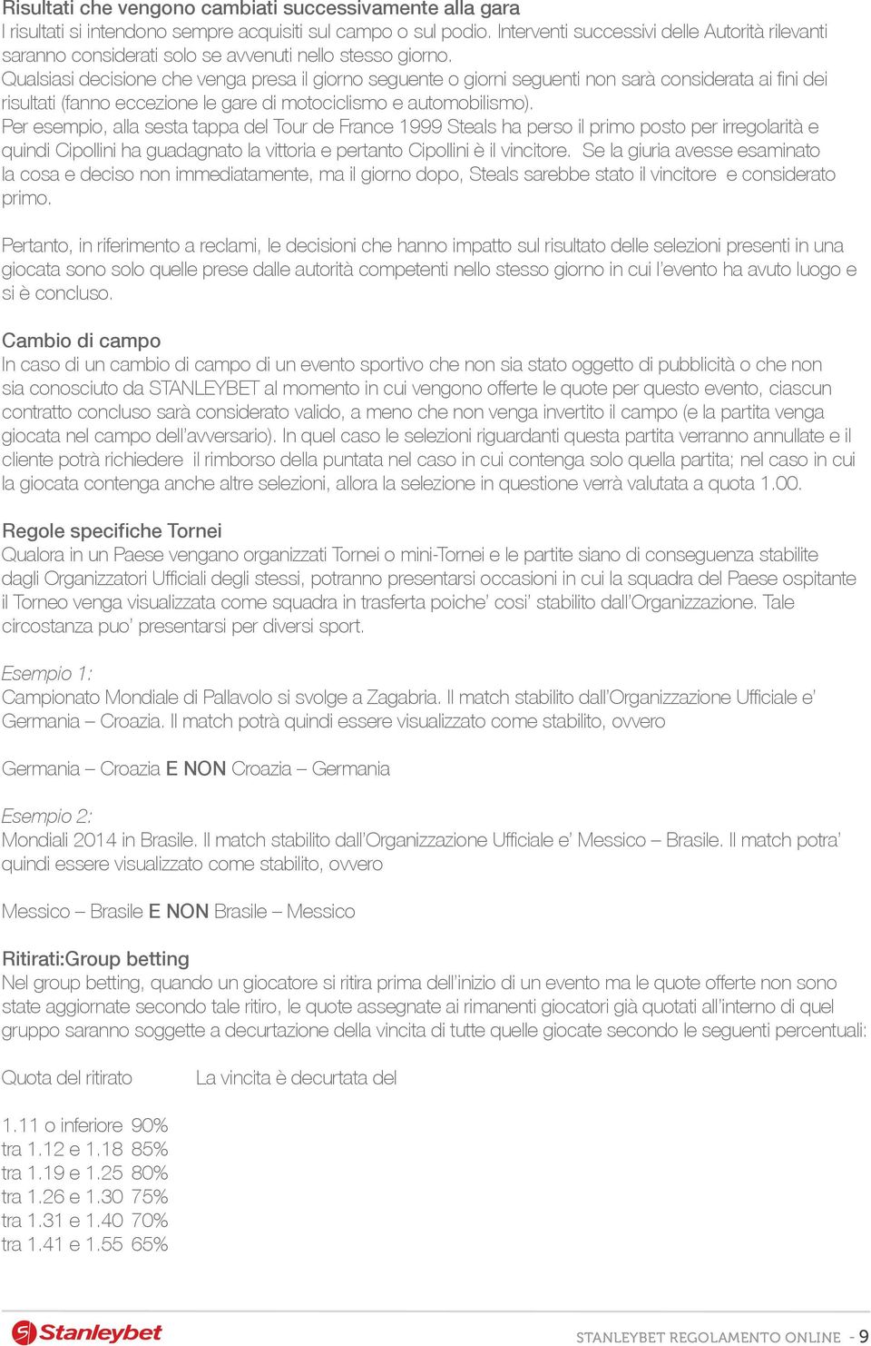 Qualsiasi decisione che venga presa il giorno seguente o giorni seguenti non sarà considerata ai fini dei risultati (fanno eccezione le gare di motociclismo e automobilismo).