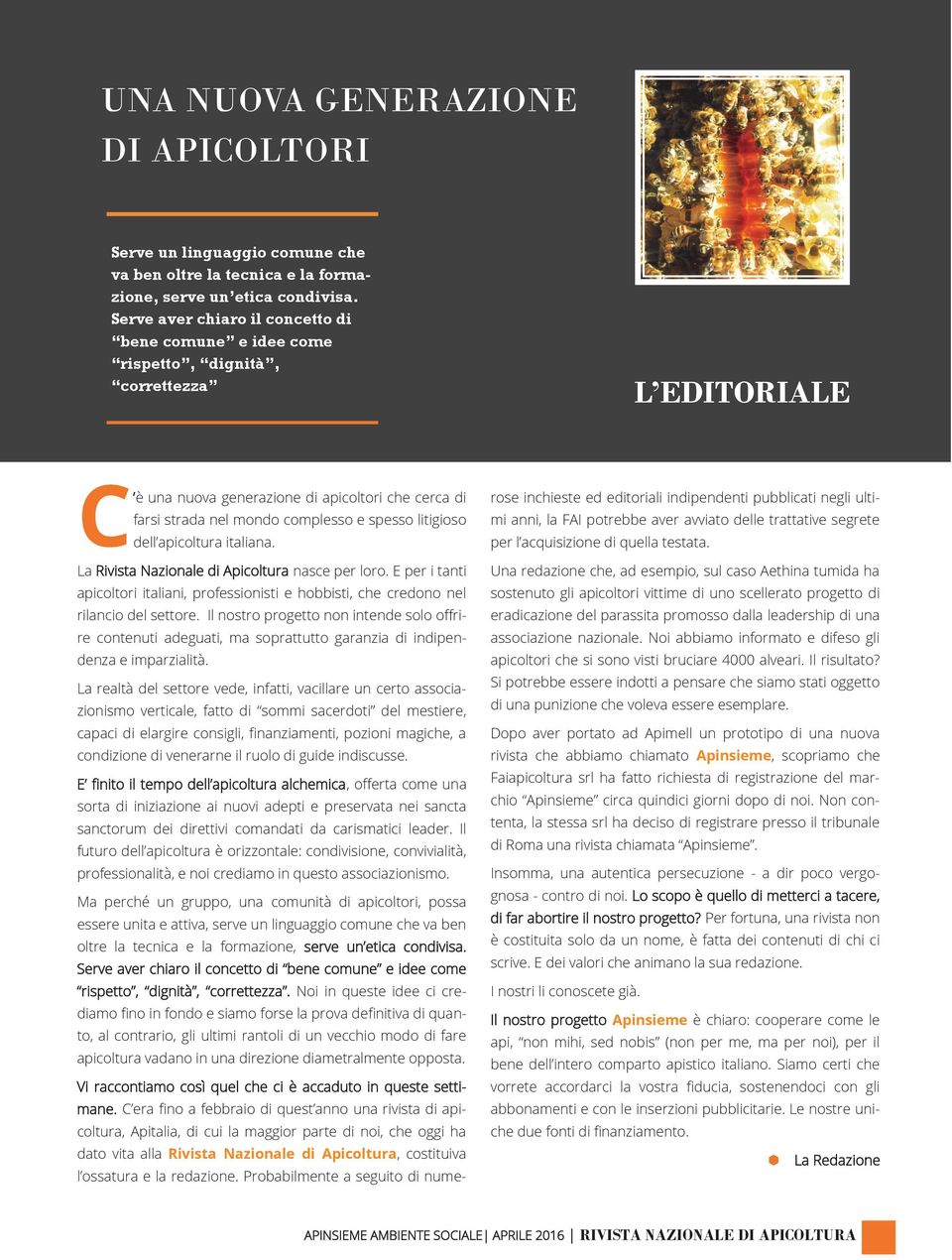 litigioso dell apicoltura italiana. La Rivista Nazionale di Apicoltura nasce per loro. E per i tanti apicoltori italiani, professionisti e hobbisti, che credono nel rilancio del settore.