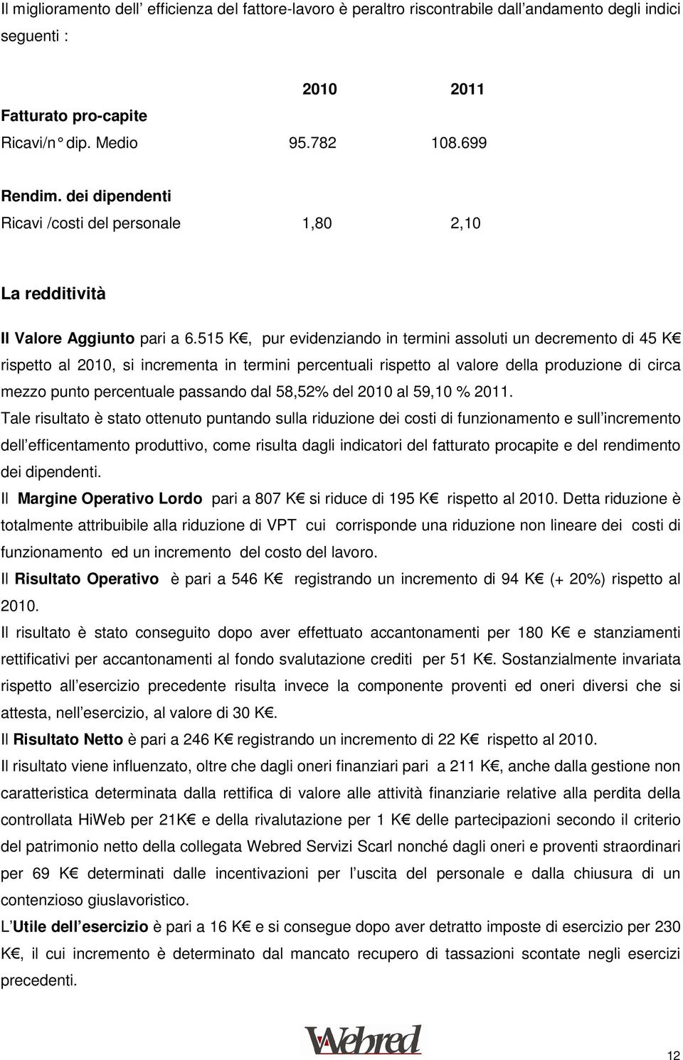 515 K, pur evidenziando in termini assoluti un decremento di 45 K rispetto al 2010, si incrementa in termini percentuali rispetto al valore della produzione di circa mezzo punto percentuale passando