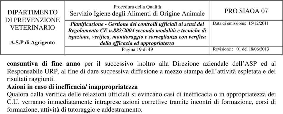 Azioni in caso di inefficacia/ inappropriatezza Qualora dalla verifica delle relazioni ufficiali si evincano casi di inefficacia o in