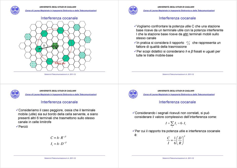 per tutte le tratte mobile-base Primo tier Interferenza cocanale Consideriamo il caso peggiore, ossia che il terminale mobile (utile) sia sul bordo della cella servente, e siano presenti altri 6