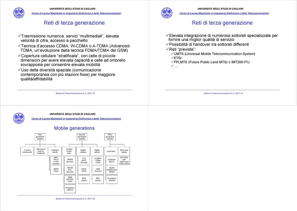 diversità spaziale (comunicazione contemporanea con più stazioni fisse) per maggiore qualità/affidabilità Reti di terza generazione Elevata integrazione di numerose sottoreti specializzate per