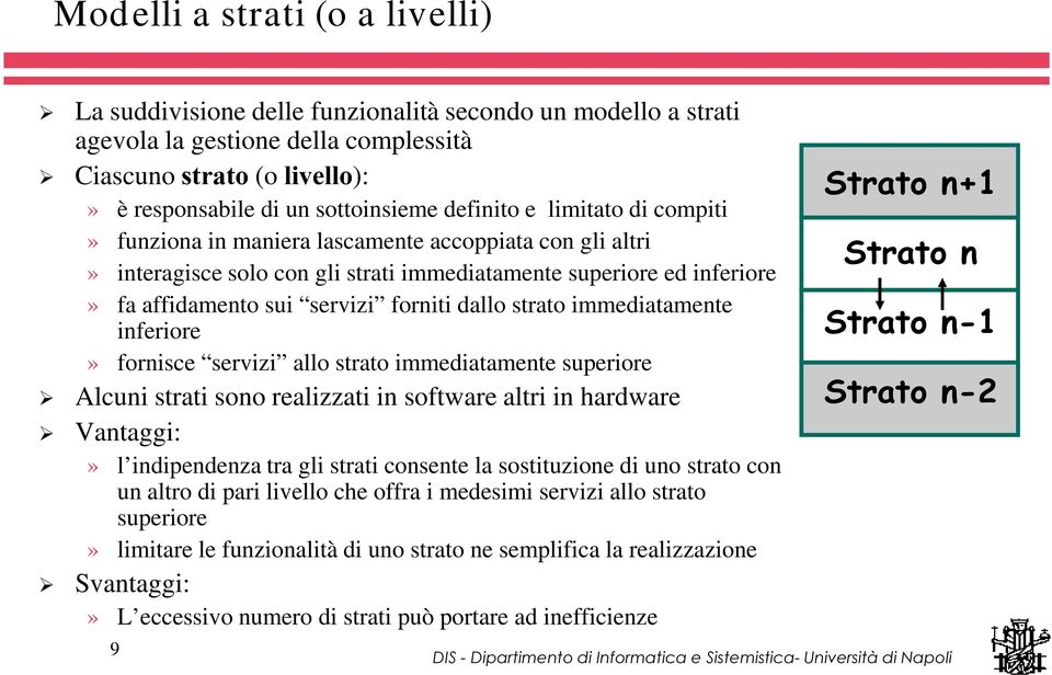 forniti dallo strato immediatamente inferiore» fornisce servizi allo strato immediatamente superiore Alcuni strati sono realizzati in software altri in hardware Vantaggi:» l indipendenza tra gli