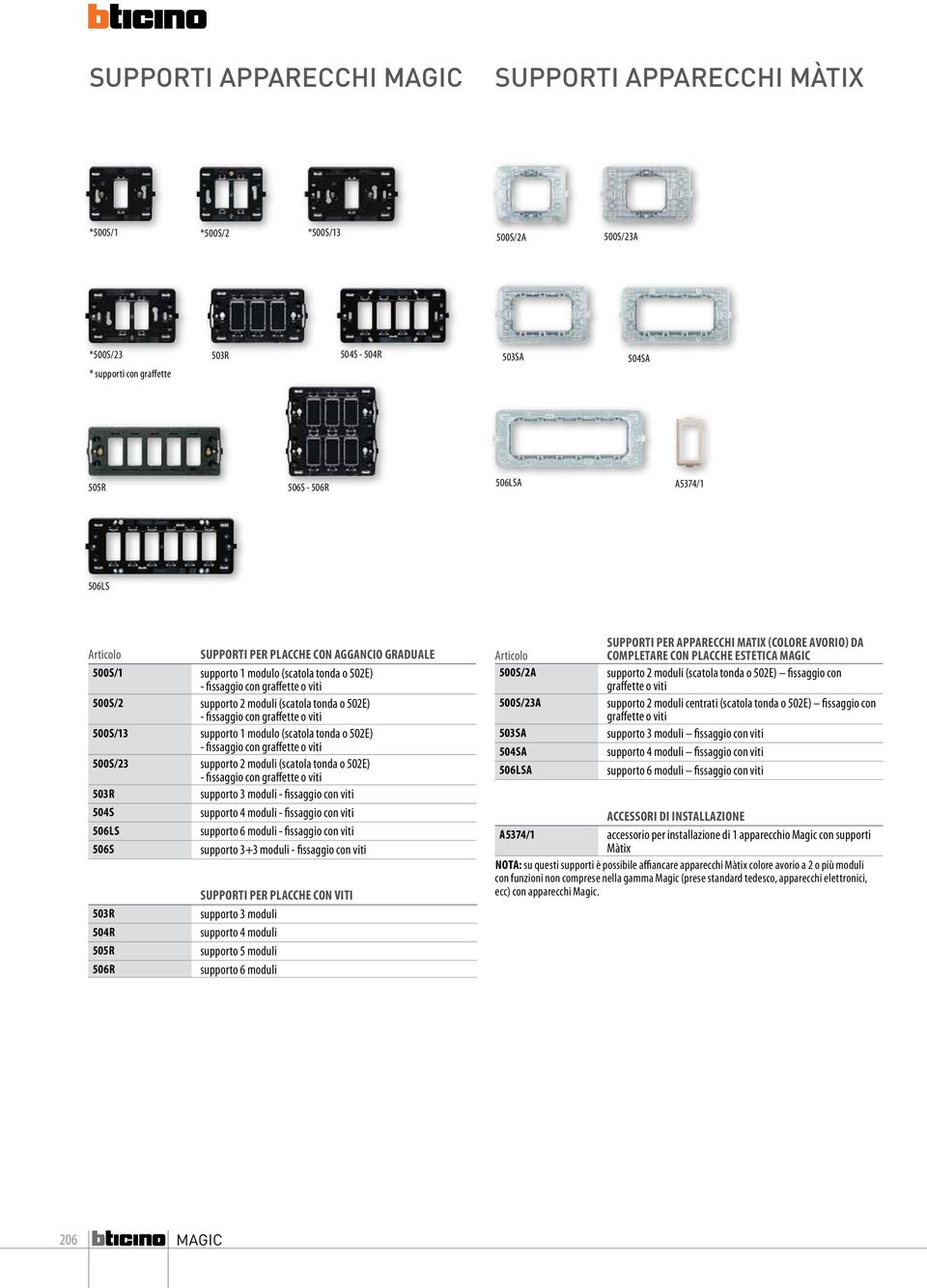 500S/13 supporto 1 modulo (scatola tonda o 502E) - fissaggio con graffette o viti 500S/23 supporto (scatola tonda o 502E) - fissaggio con graffette o viti 503R supporto 3 moduli - fissaggio con viti