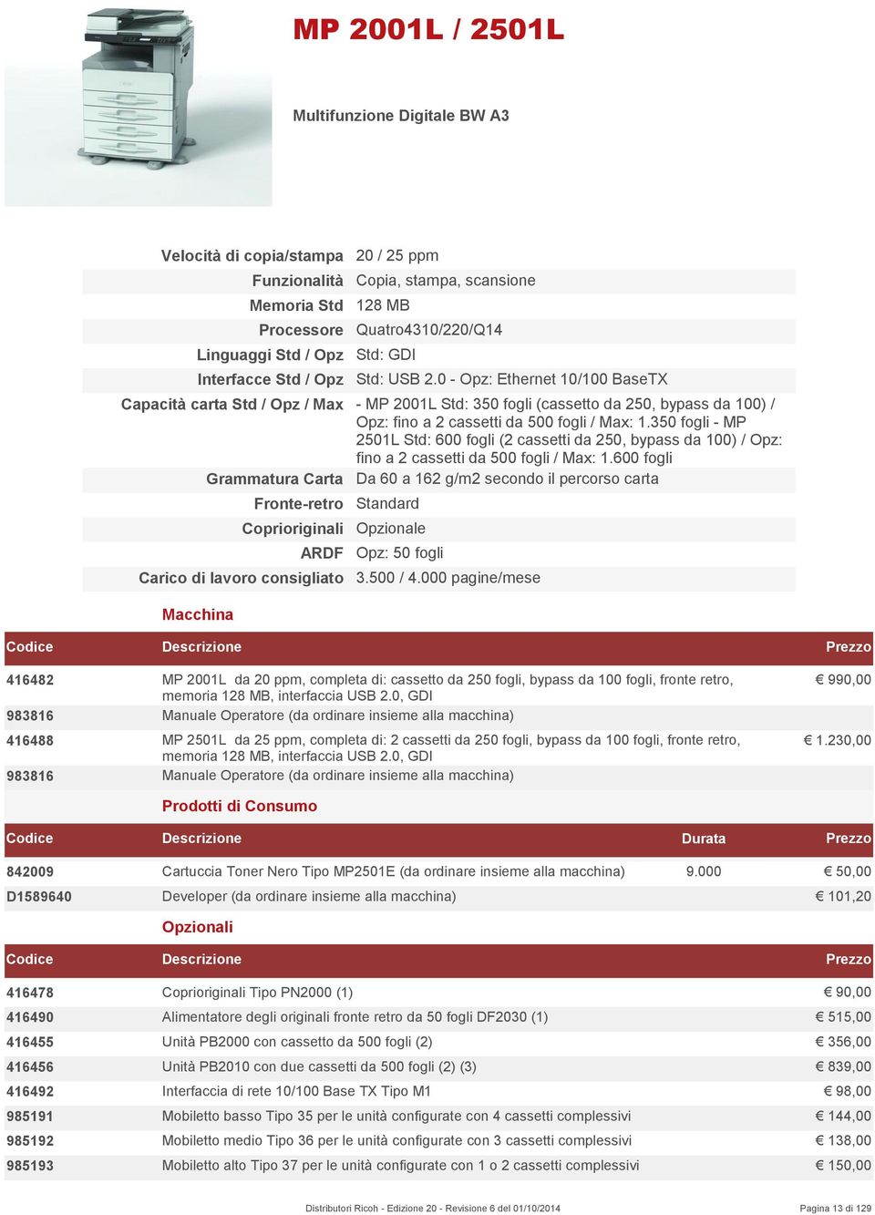 0 - Opz: Ethernet 10/100 BaseTX Capacità carta Std / Opz / Max - MP 2001L Std: 350 fogli (cassetto da 250, bypass da 100) / Opz: fino a 2 cassetti da 500 fogli / Max: 1.