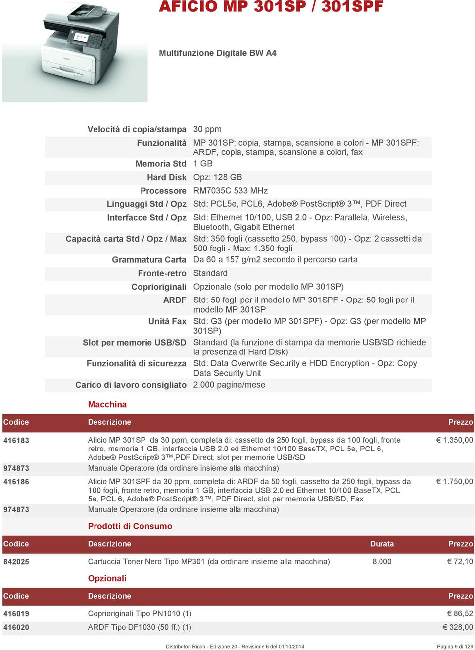 301SPF: ARDF, copia, stampa, scansione a colori, fax 1 GB Opz: 128 GB RM7035C 533 MHz Std: PCL5e, PCL6, Adobe PostScript 3, PDF Direct Std: Ethernet 10/100, USB 2.