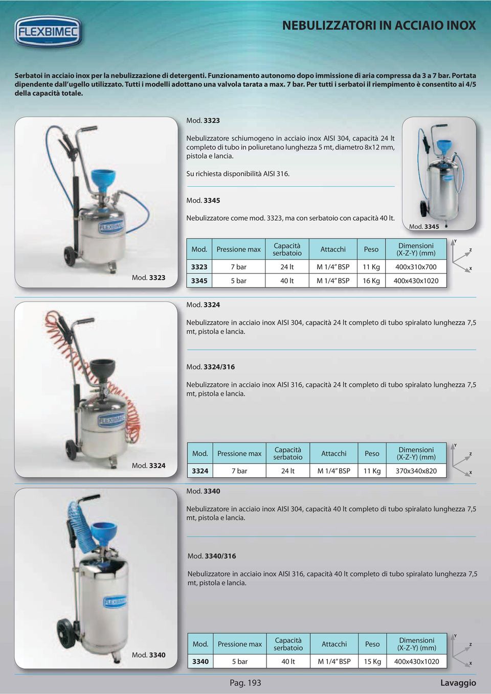 3323 Nebulizzatore schiumogeno in acciaio inox AISI 304, capacità 24 lt completo di tubo in poliuretano lunghezza 5 mt, diametro 8x12 mm, pistola e lancia. Su richiesta disponibilità AISI 316.