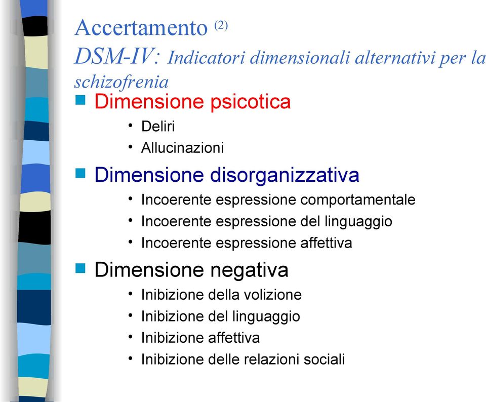 Incoerente espressione del linguaggio Incoerente espressione affettiva Dimensione negativa