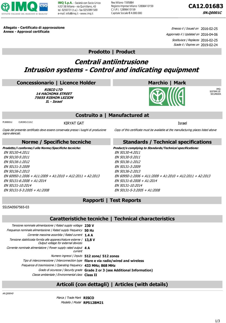 IMQ- SISTEMI DI SICUREZZA Costruito a Manufactured at PI.B0001U CLROKO.C12LC KIRYAT GAT Israel Copia del presente certificato deve essere conservata presso i luoghi di produzione sopra elencati.