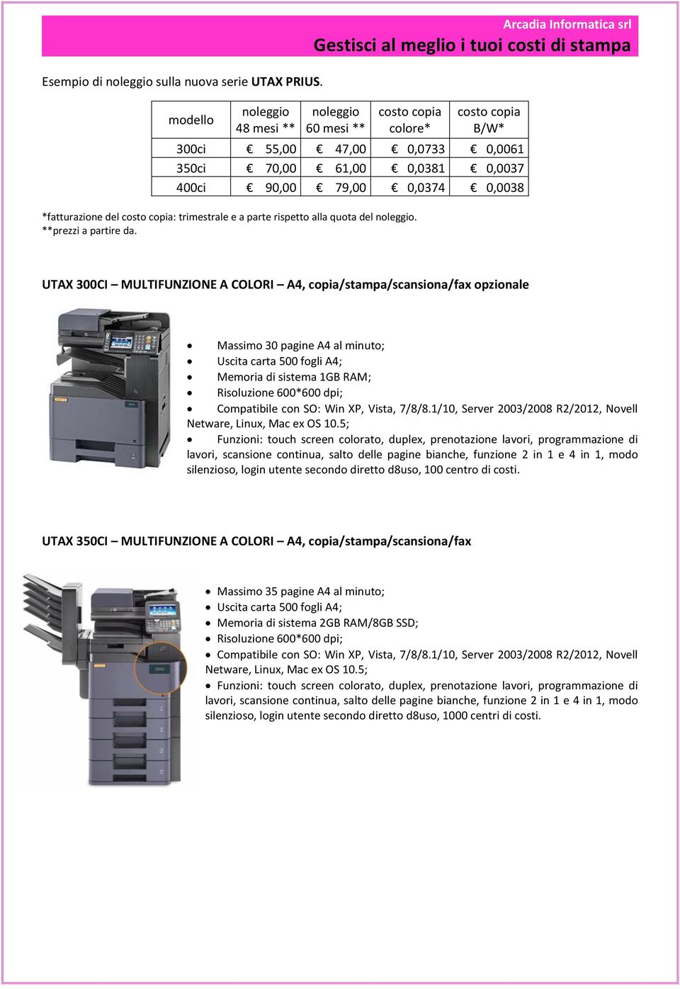 0,0038 *fatturazione del costo copia: trimestrale e a parte rispetto alla quota del noleggio. **prezzi a partire da.