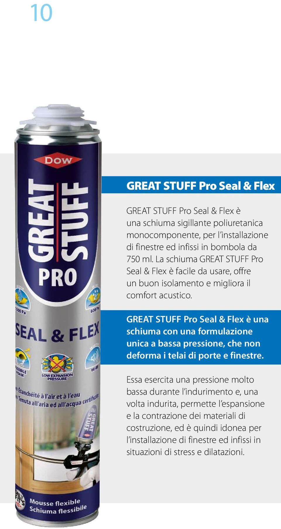 GREAT STUFF Pro Seal & Flex è una schiuma con una formulazione unica a bassa pressione, che non deforma i telai di porte e finestre.