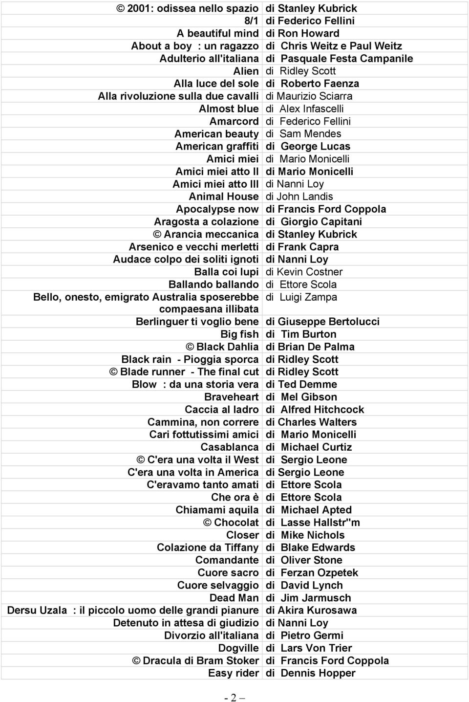 di Sam Mendes American graffiti di George Lucas Amici miei di Mario Monicelli Amici miei atto II di Mario Monicelli Amici miei atto III di Nanni Loy Animal House di John Landis Apocalypse now di