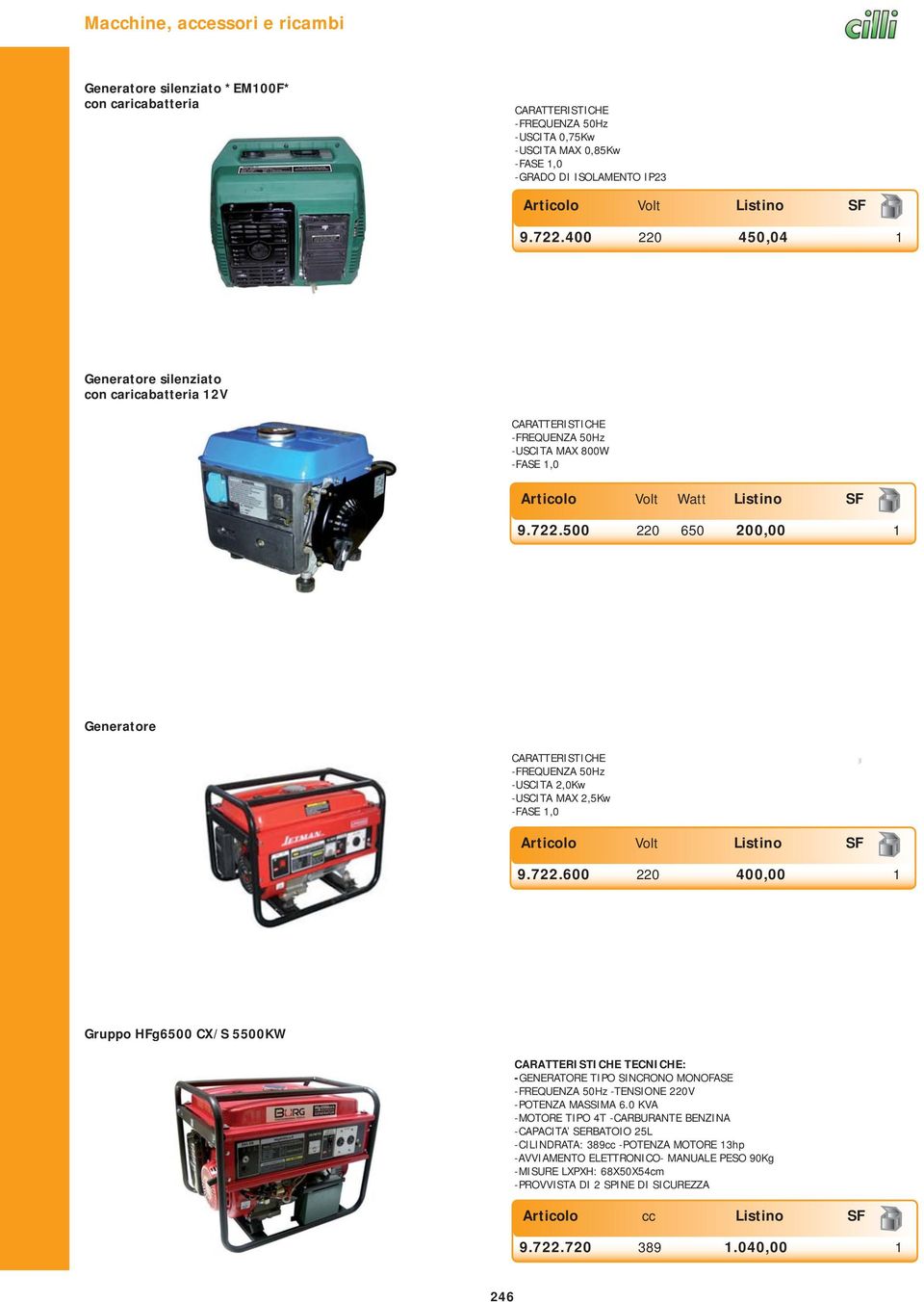 500 220 650 200,00 1 Generatore CARATTERISTICHE -FREQUENZA 50Hz -USCITA 2,0Kw -USCITA MAX 2,5Kw -FASE 1,0 Articolo Volt Listino SF 9.722.