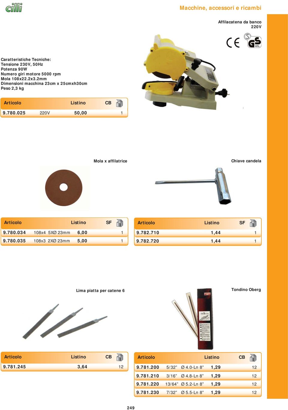 780.035 108x3 2XØ 23mm 5,00 1 Articolo Listino SF 9.782.710 1,44 1 9.782.720 1,44 1 Lima piatta per catene 6 Tondino Oberg 9.781.