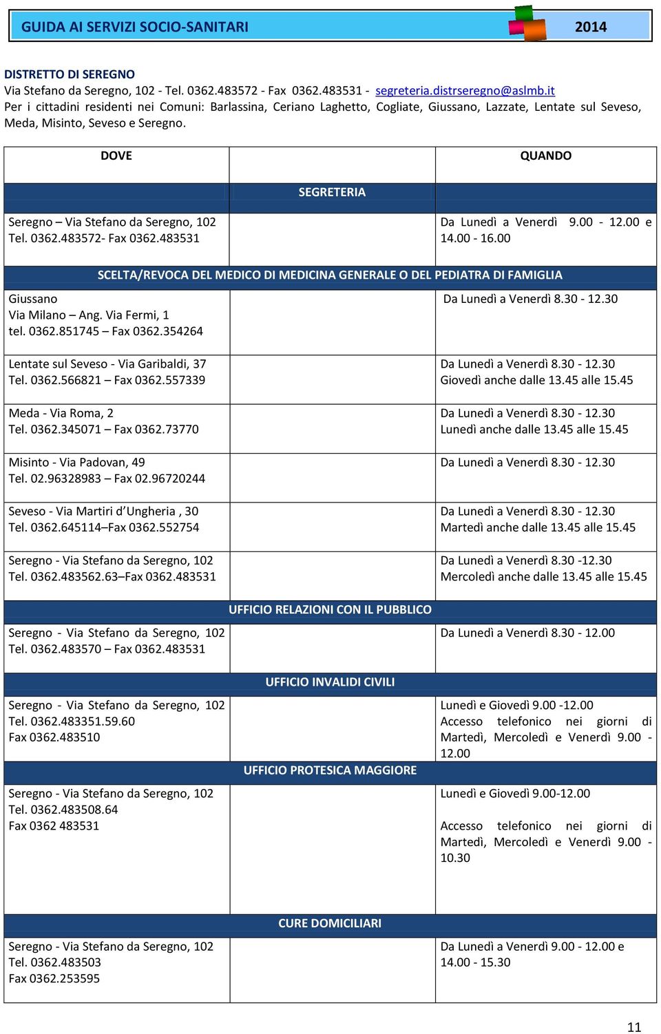 DOVE QUANDO SEGRETERIA Seregno Via Stefano da Seregno, 102 Tel. 0362.483572- Fax 0362.483531 Da Lunedì a Venerdì 14.00-16.00 9.00-12.