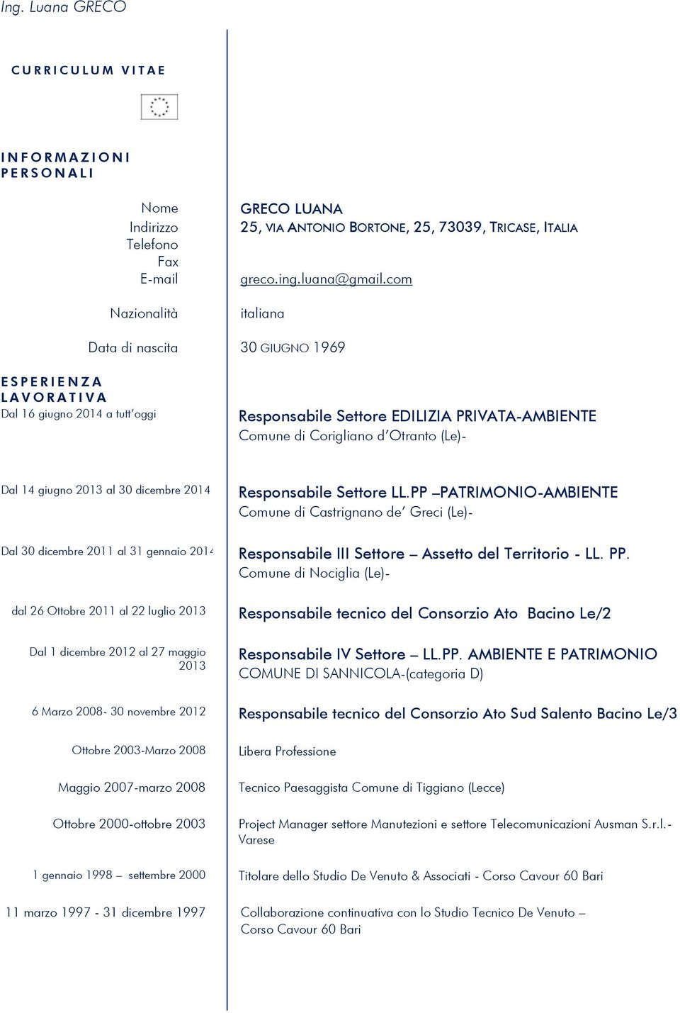 com italiana Data di nascita 30 GIUGNO 1969 E S P E R I E N Z A L A V O R A T I V A Dal 16 giugno 2014 a tutt oggi Responsabile Settore EDILIZIA PRIVATA-AMBIENTE Comune di Corigliano d Otranto (Le)-