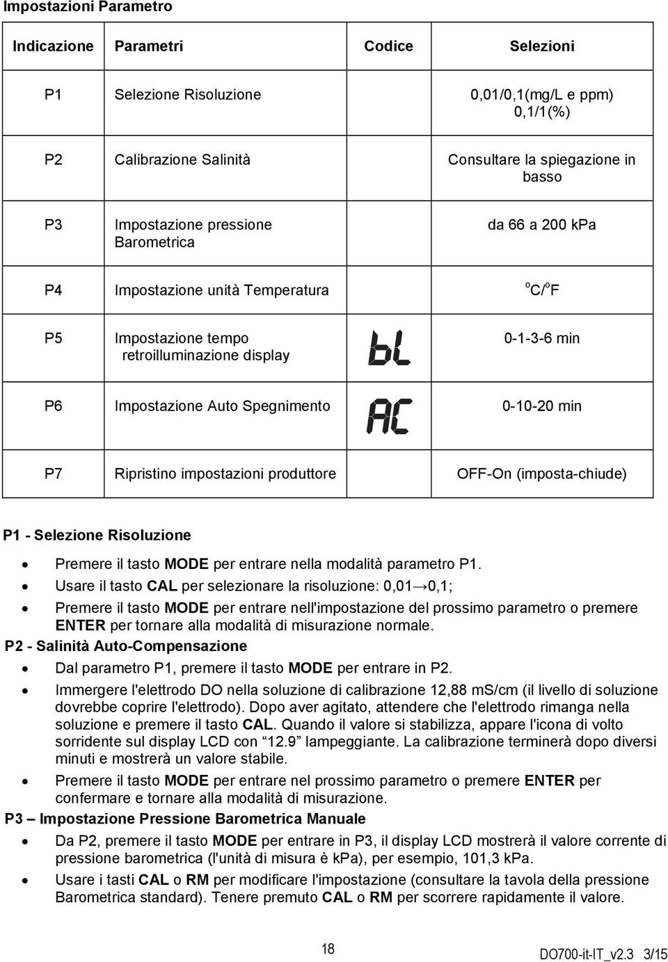 Ripristino impostazioni produttore OFF-On (imposta-chiude) P1 - Selezione Risoluzione Premere il tasto MODE per entrare nella modalità parametro P1.