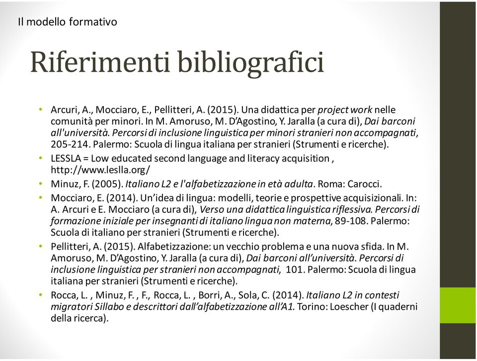 Palermo: Scuola di lingua italiana per stranieri (Strumenti e ricerche). LESSLA = Low educated second language and literacy acquisition, http://www.leslla.org/ Minuz, F. (2005).