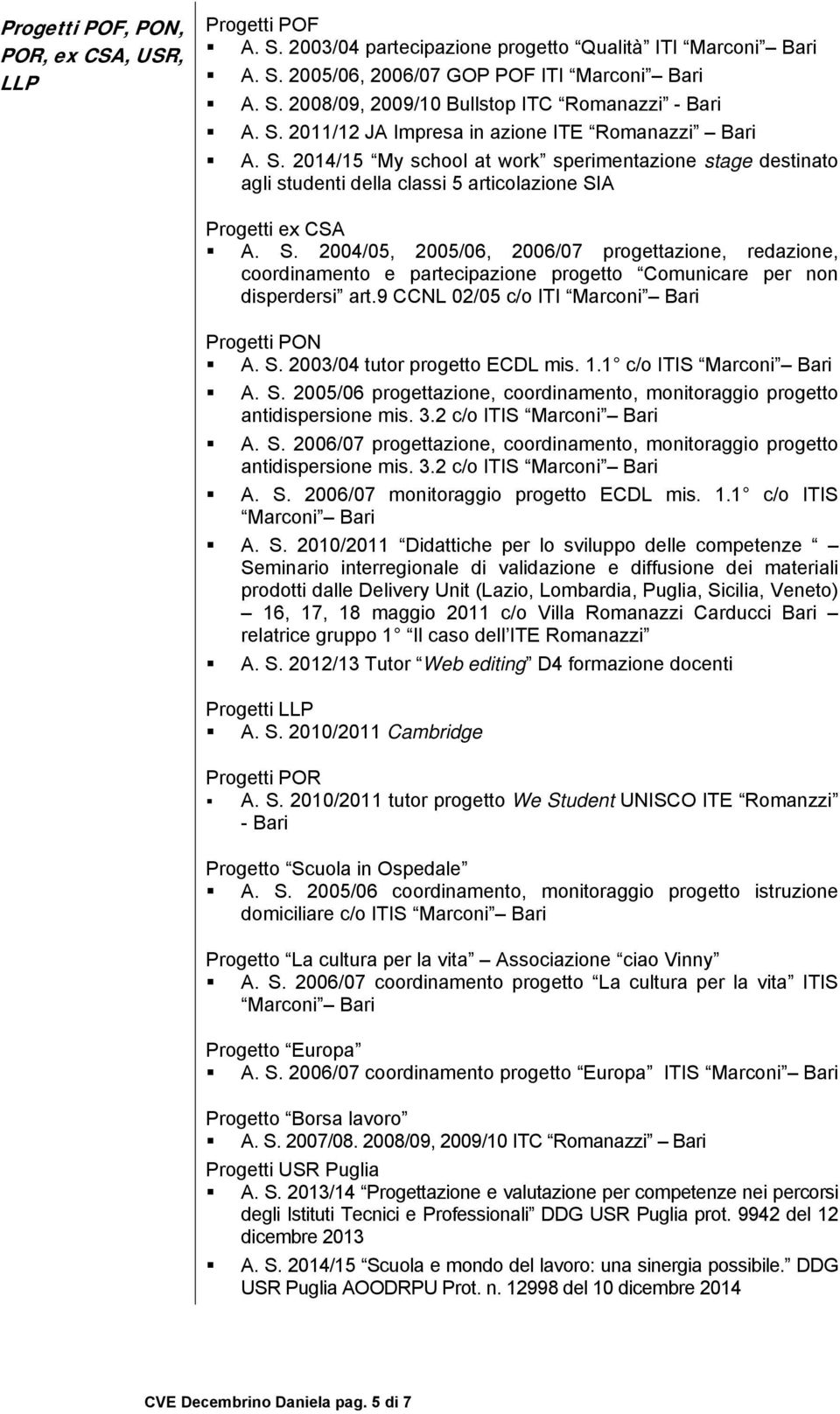 9 CCNL 02/05 c/o ITI Marconi Progetti PON A. S. 2003/04 tutor progetto ECDL mis. 1.1 c/o ITIS Marconi A. S. 2005/06 progettazione, coordinamento, monitoraggio progetto antidispersione mis. 3.