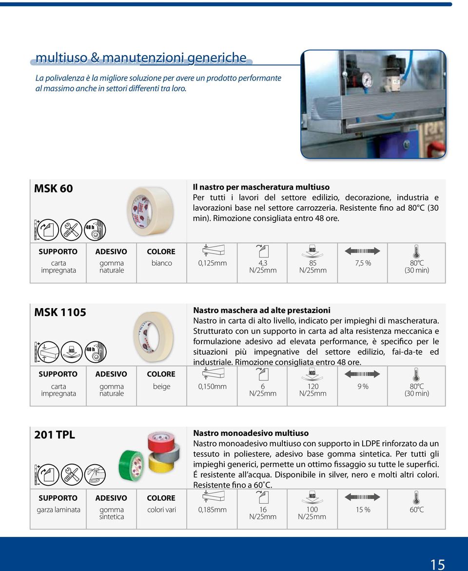 Disponibile in 4 colori. Conforme alla norma CEI EN 60454-3-1 IEC 60454-3-1-5/F-PVCP/90.