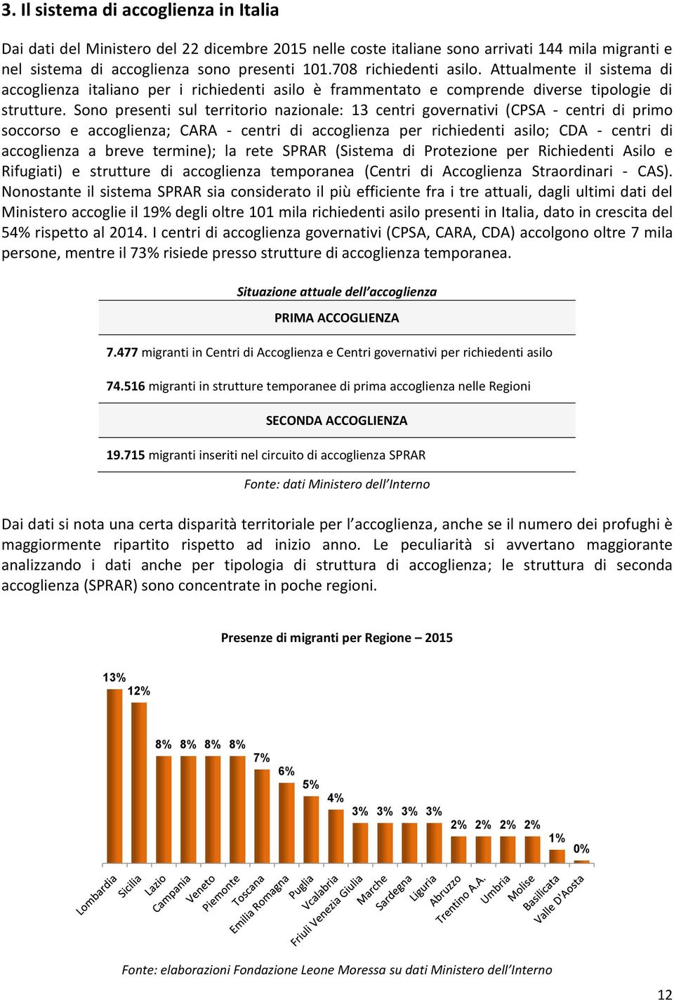 Sono presenti sul territorio nazionale: 13 centri governativi (CPSA - centri di primo soccorso e accoglienza; CARA - centri di accoglienza per richiedenti asilo; CDA - centri di accoglienza a breve