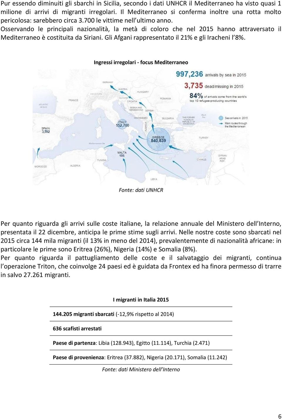 Osservando le principali nazionalità, la metà di coloro che nel 2015 hanno attraversato il Mediterraneo è costituita da Siriani. Gli Afgani rappresentato il 21% e gli Iracheni l 8%.