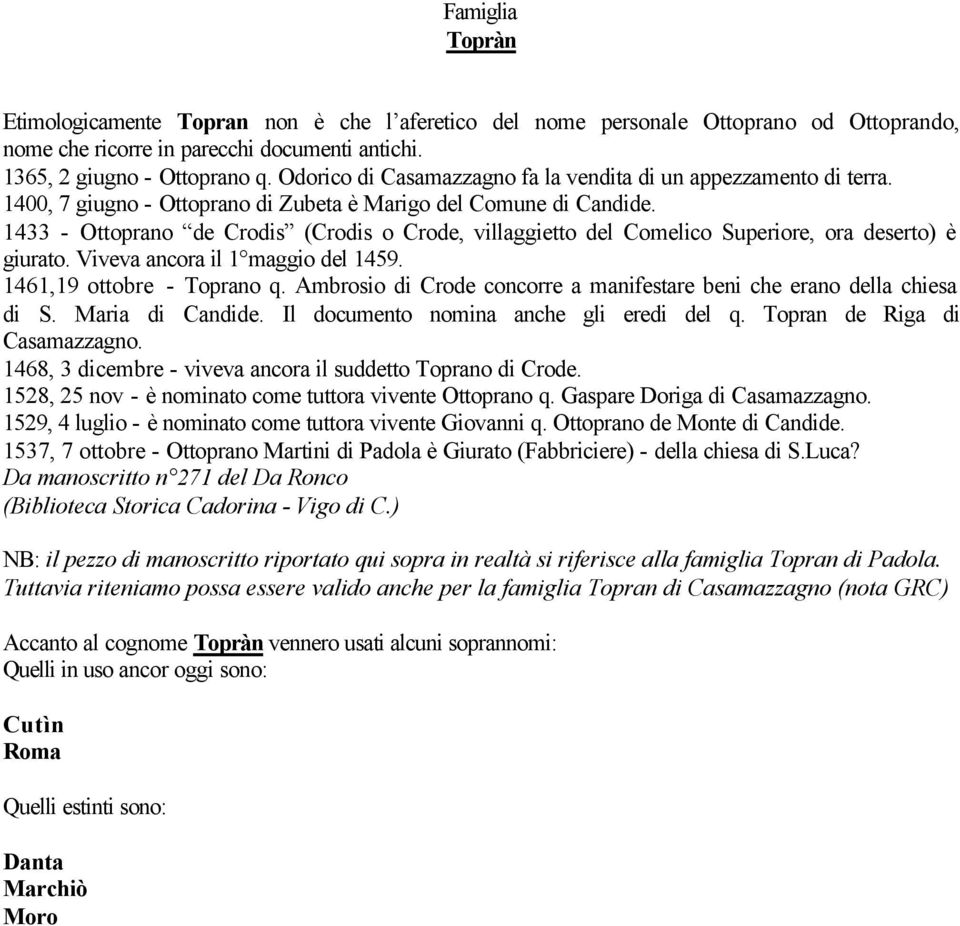 1433 - Ottoprano de Crodis (Crodis o Crode, villaggietto del Comelico Superiore, ora deserto) è giurato. Viveva ancora il 1 maggio del 1459. 1461,19 ottobre - Toprano q.