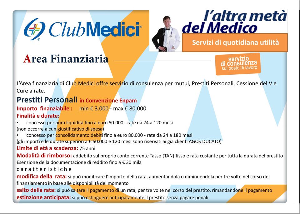 000 - rate da 24 a 120 mesi (non occorre alcun giustificativo di spesa) concesso per consolidamento debiti fino a euro 80.000 - rate da 24 a 180 mesi (gli importi e le durate superiori a 50.