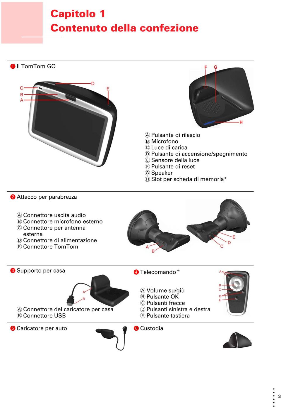 Connettore microfono esterno C Connettore per antenna esterna D Connettore di alimentazione E Connettore TomTom c Supporto per casa d Telecomando + A