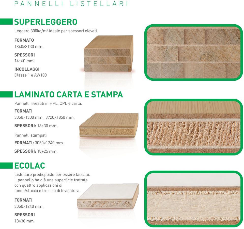 , 3720 1850 mm. : 18 30 mm. Pannelli stampati : 3050 1240 mm. : 18 25 mm. ECOLAC Listellare predisposto per essere laccato.