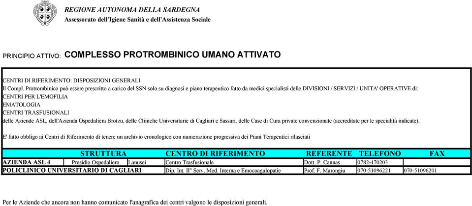 PER L'EMOFILIA EMATOLOGIA CENTRI TRASFUSIONALI delle Aziende ASL, dell'azienda Ospedaliera Brotzu, delle Cliniche Universitarie di Cagliari e Sassari, delle Case di Cura