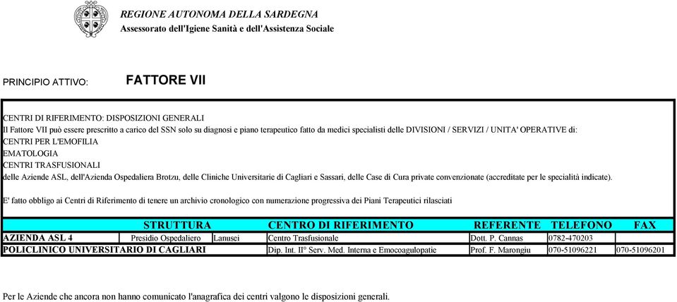 Universitarie di Cagliari e Sassari, delle Case di Cura private convenzionate (accreditate per le specialità indicate).