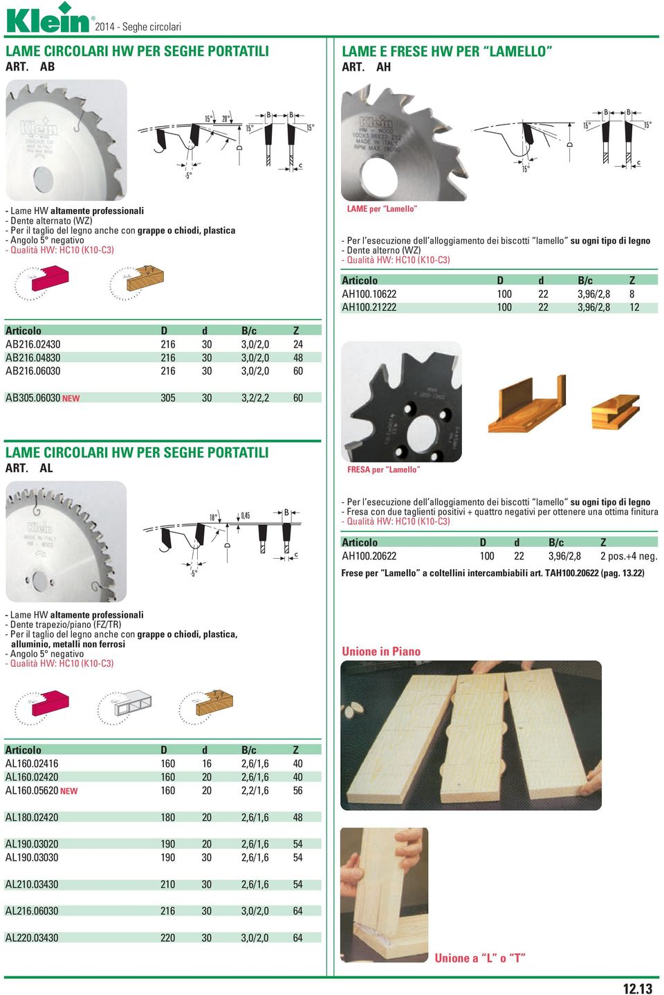 esecuzione dell alloggiamento dei biscotti lamello su ogni tipo di legno - Dente alterno (WZ) - Qualità HW: HC10 (K10-C3) Articolo D d B/c Z AH100.10622 100 22 3,96/2,8 8 AH100.