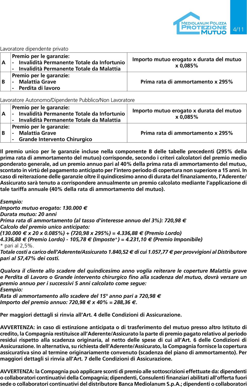 erogato x durata del mutuo - Invalidità Permanente Totale da Infortunio x 0,085% - Invalidità Permanente Totale da Malattia B Premio per le garanzie: - Malattia Grave - Grande Intervento Chirurgico