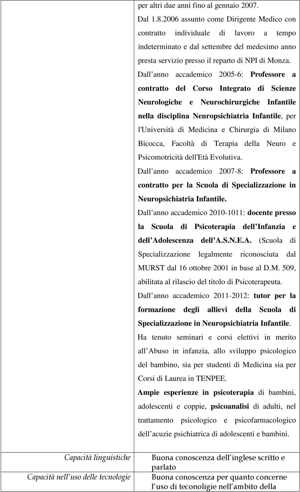 Dall anno accademico 2005-6: Professore a contratto del Corso Integrato di Scienze Neurologiche e Neurochirurgiche Infantile nella disciplina Neuropsichiatria Infantile, per l'università di Medicina